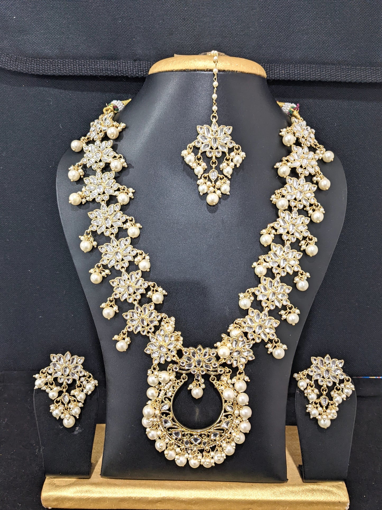 Glass Kundan Long Chain Necklace and Earrings set with Tikka