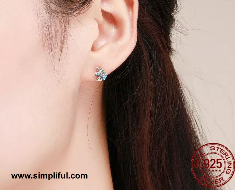 Sterling silver tiny Unicorn stud Earring - Simpliful