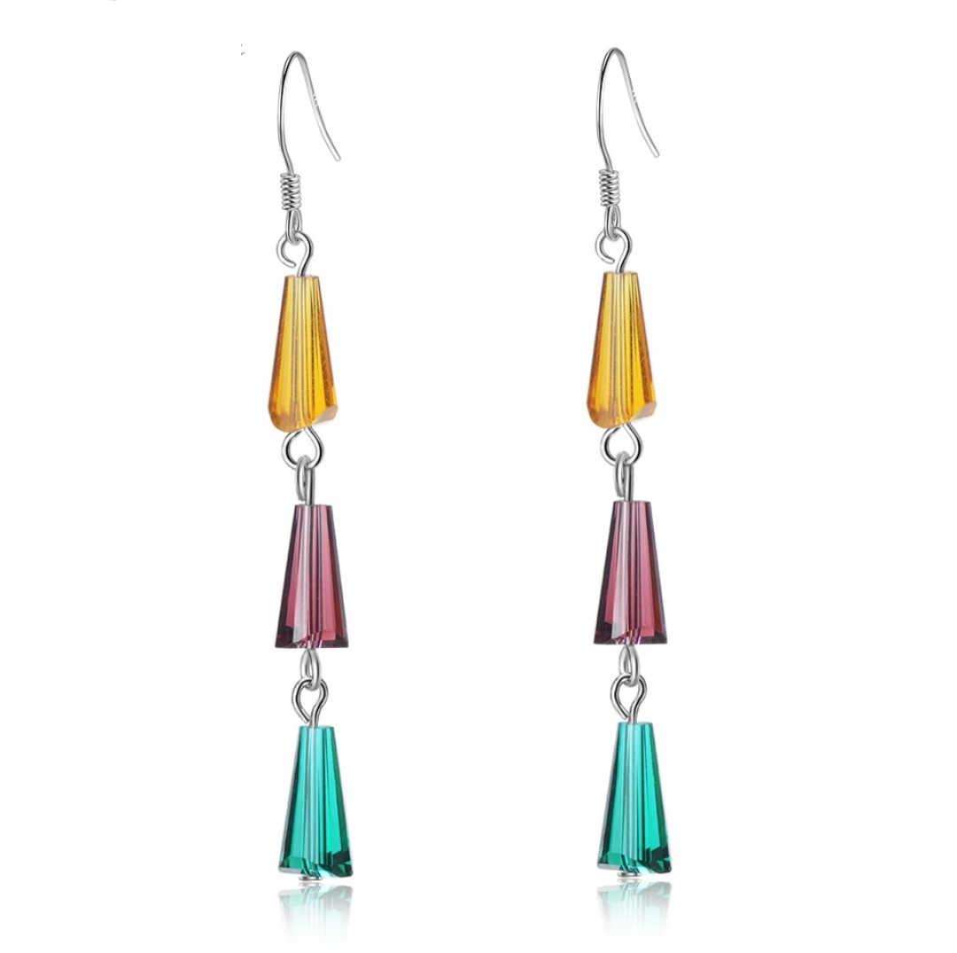 Triple shiny crystal bead dangling hook drop earring - Simpliful