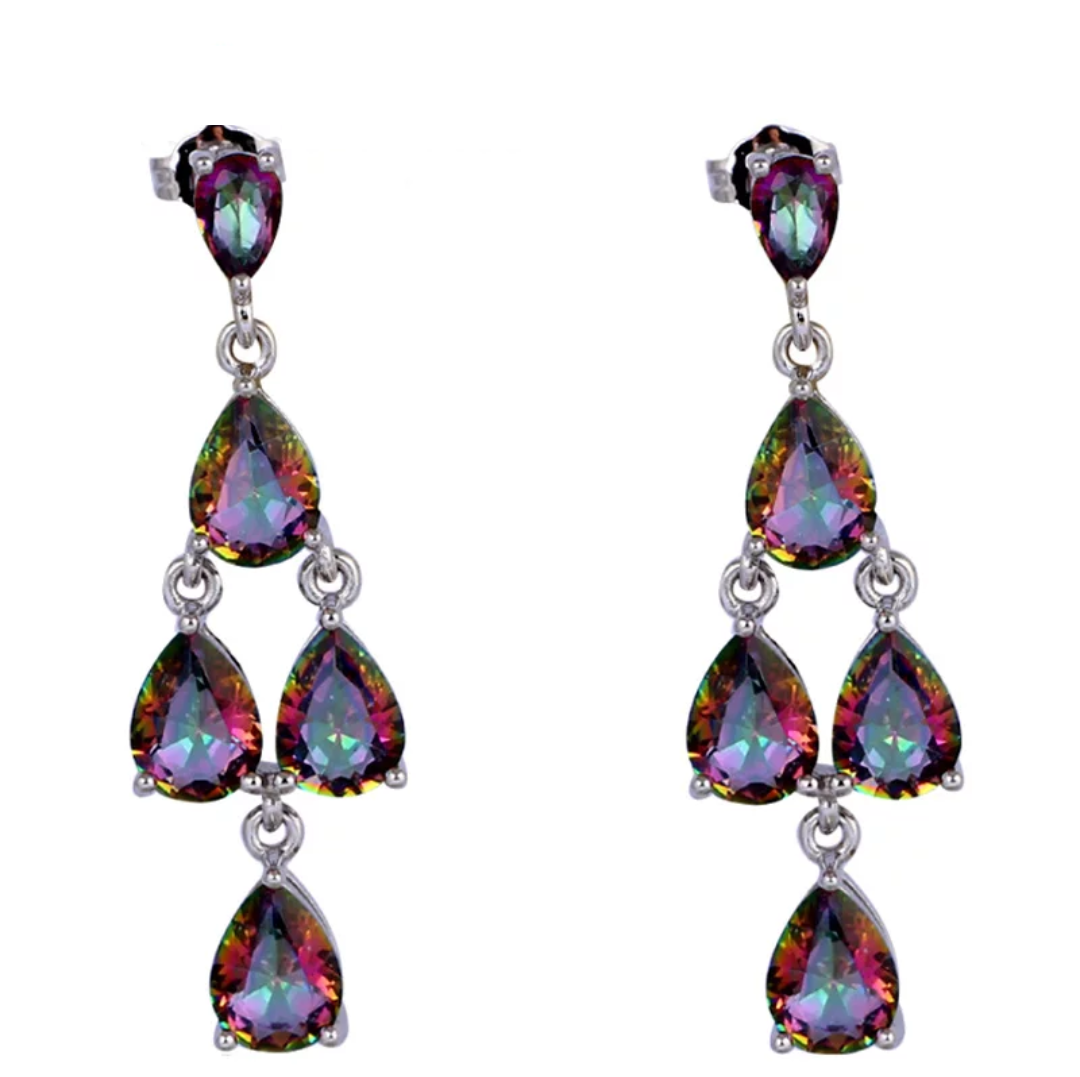 Rainbow tear drop dangling platinum finish party wear earrings - Simpliful