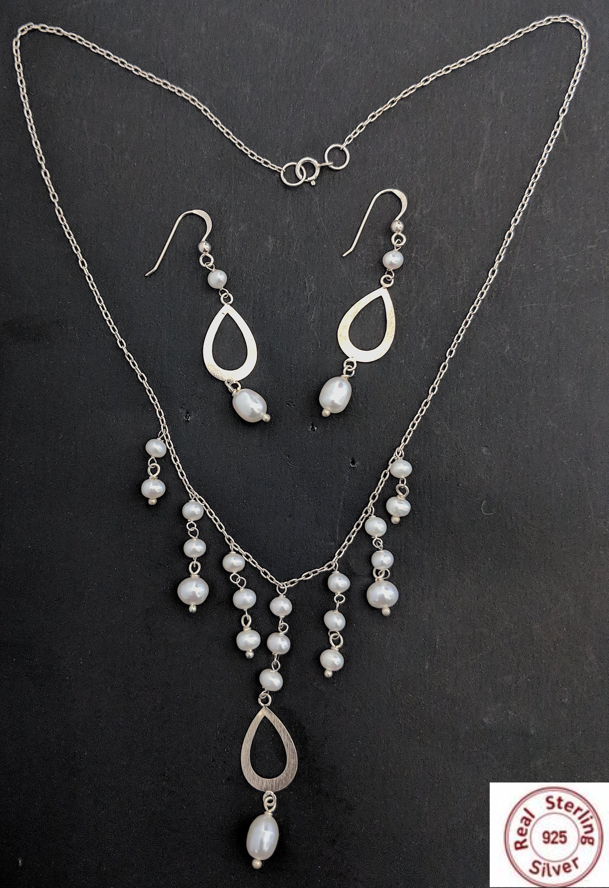 Natural Pearl tassel hanging Sterling Silver Set - Simpliful