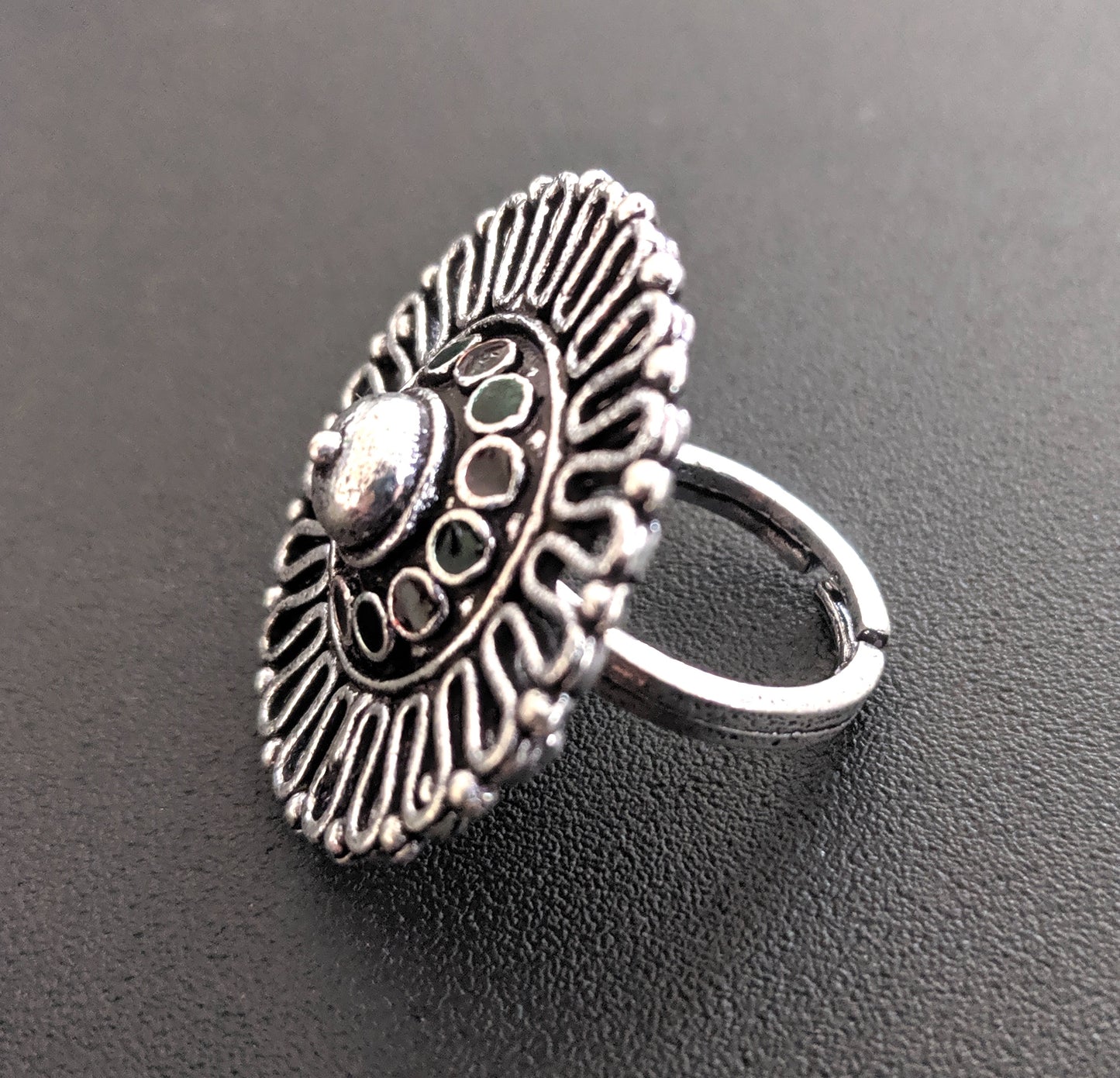 Oxidized curvy edged round Adjustable Finger ring - Simpliful