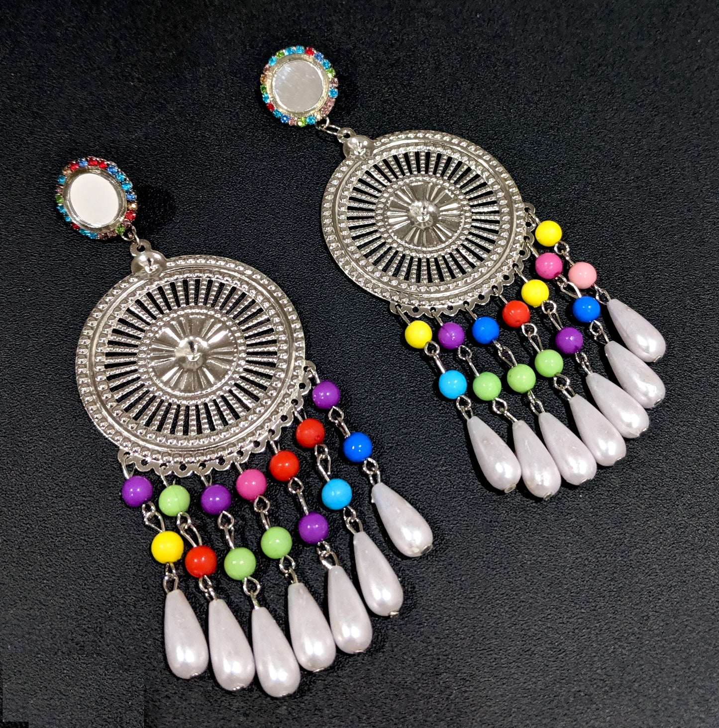 Colorful bead dangling Shoulder length Mirror earrings - Simpliful
