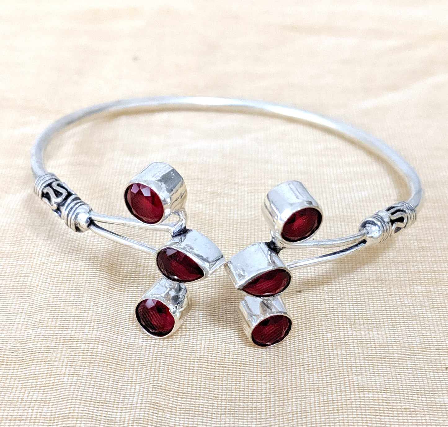 Bright silver finish adjustable bangle bracelet with color stone - Simpliful