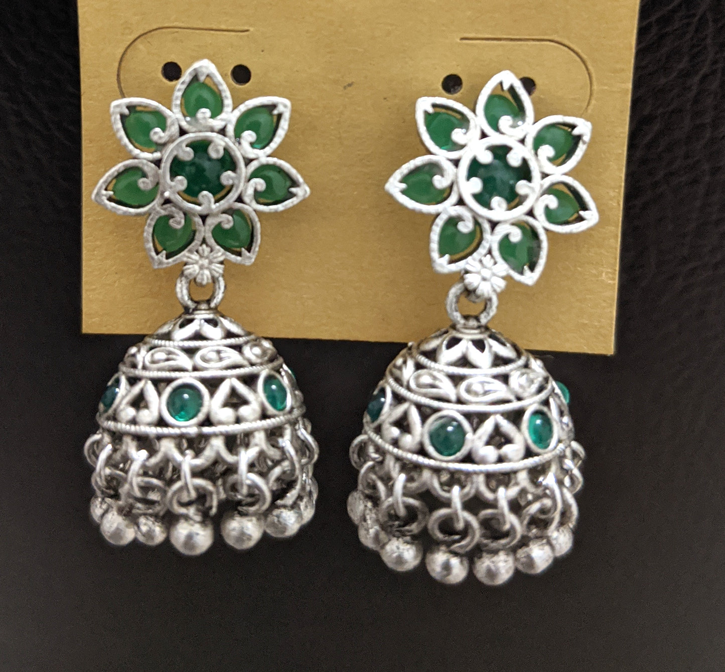 Bright silver matte finish Oxidized Flower stud small jhumka earring - Simpliful