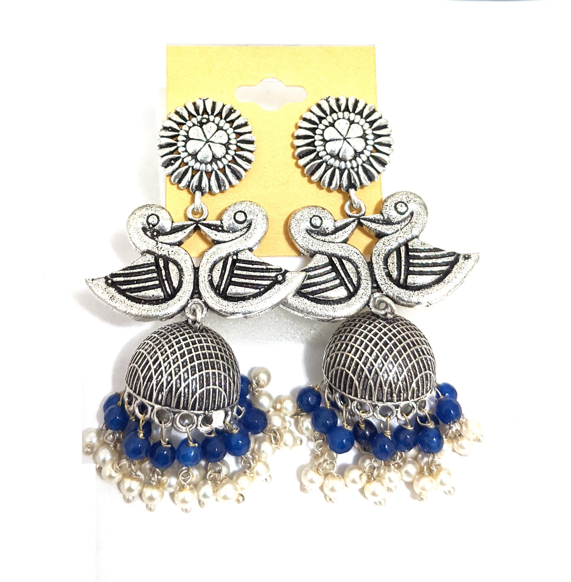 Oxidized silver dual swan jhumka Earrings - Simpliful