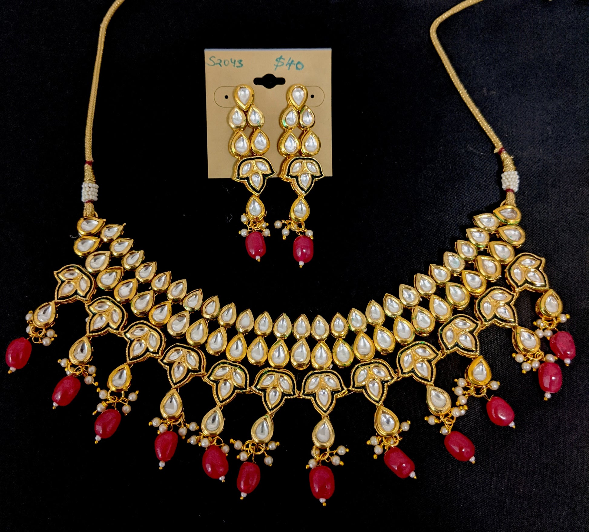 Leafy design Triple lined kundan with bead dangling Choker necklace and Earring set - Simpliful