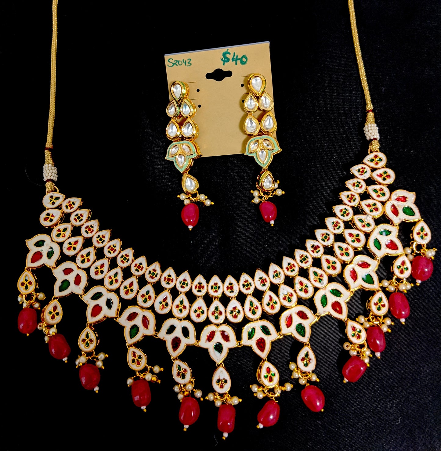 Leafy design Triple lined kundan with bead dangling Choker necklace and Earring set - Simpliful