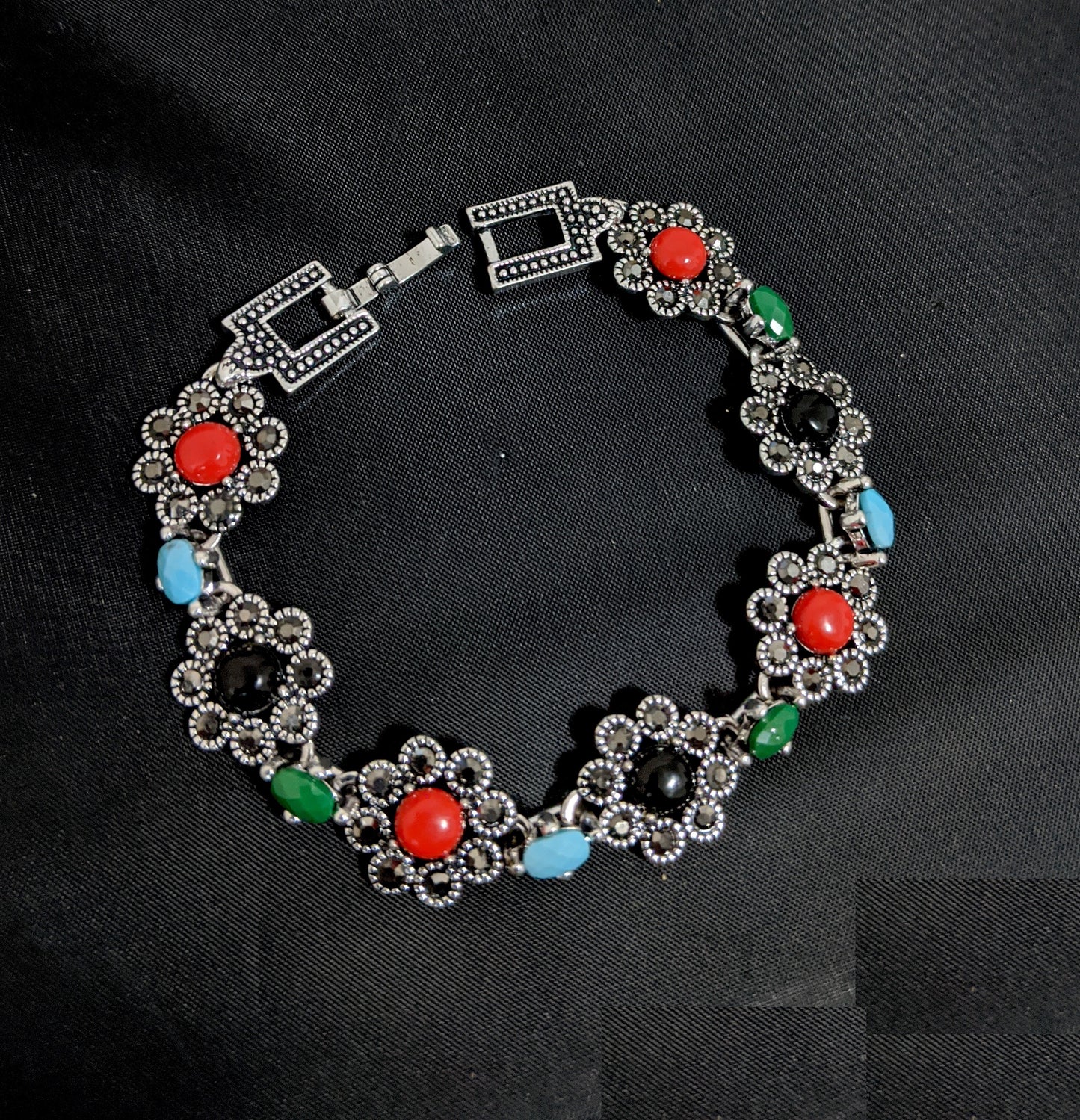 Antique Silver finish multi color resin bead pasted flower design Bracelet - Simpliful