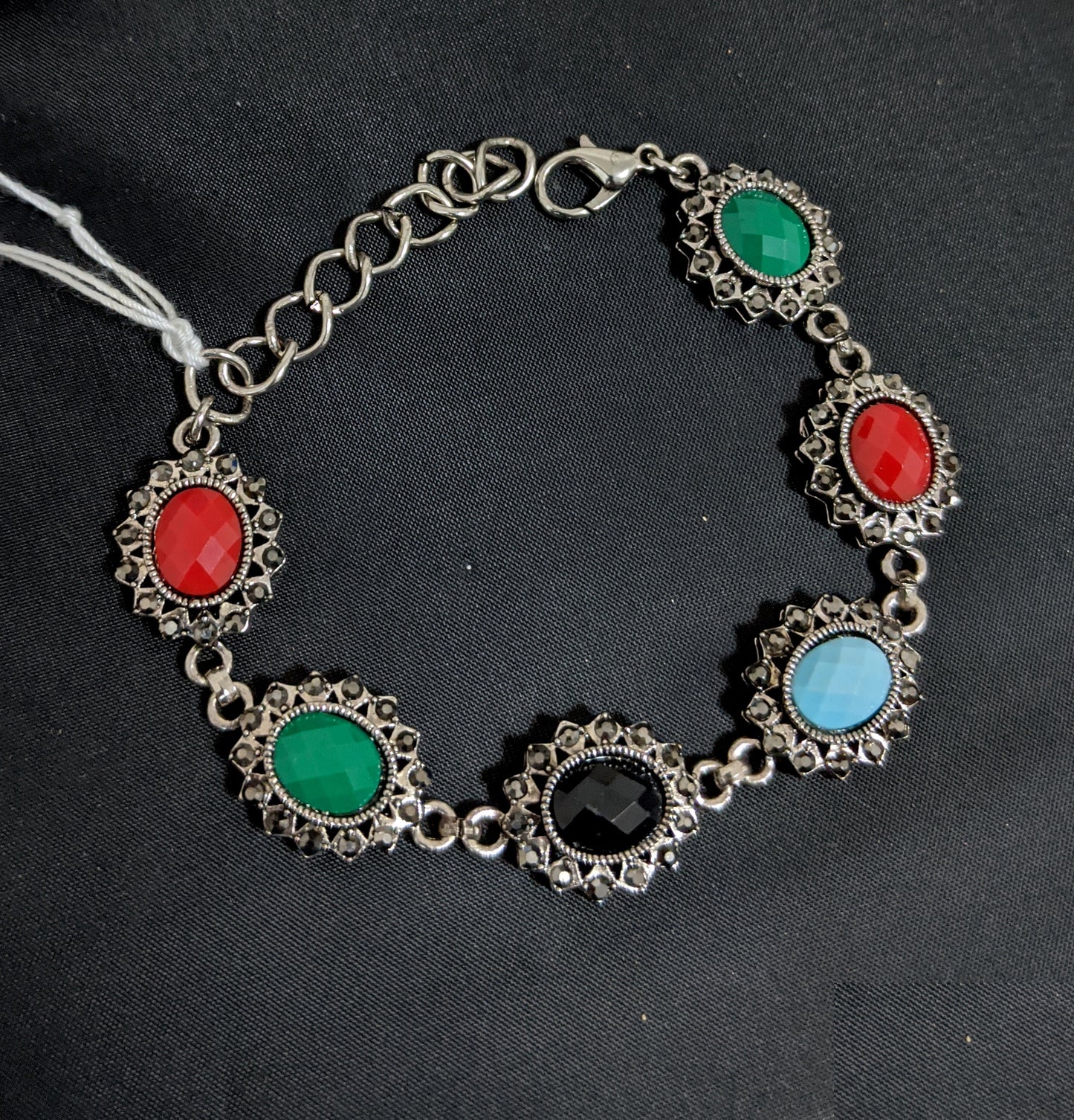 Antique Silver finish multi color resin bead pasted oval design Bracelet - Simpliful