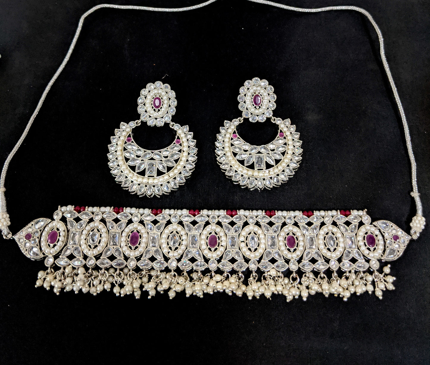 Silver rhodium polished - Chick collar style choker necklace and Ramleela style earring set - Simpliful