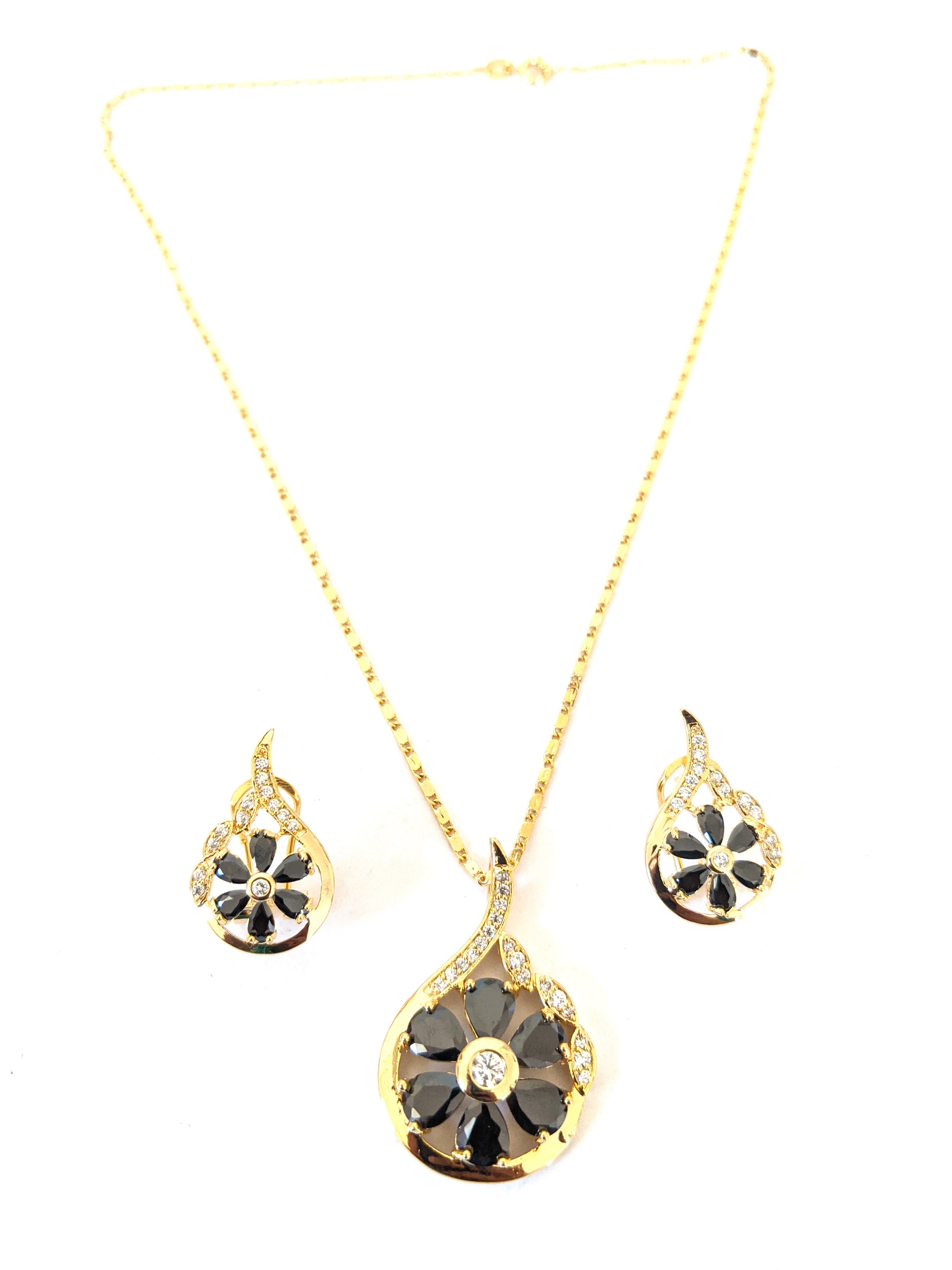 Yellow gold plated Black and White CZ stone Flower Pendant and stud earring set - Simpliful