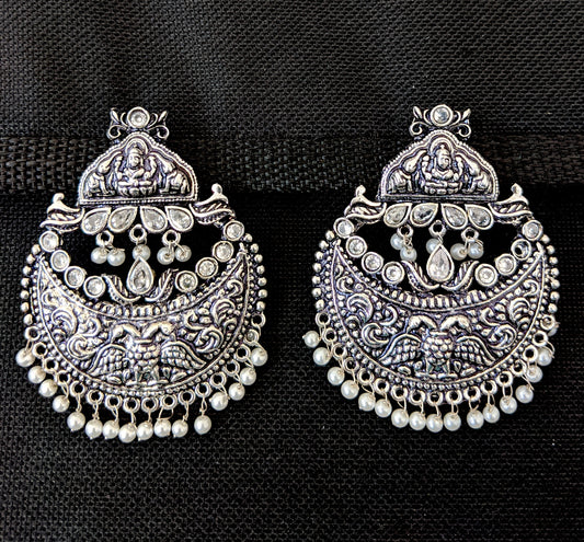 XL Size Goddess Lakshmi Chandbali Oxidized Silver Earrings
