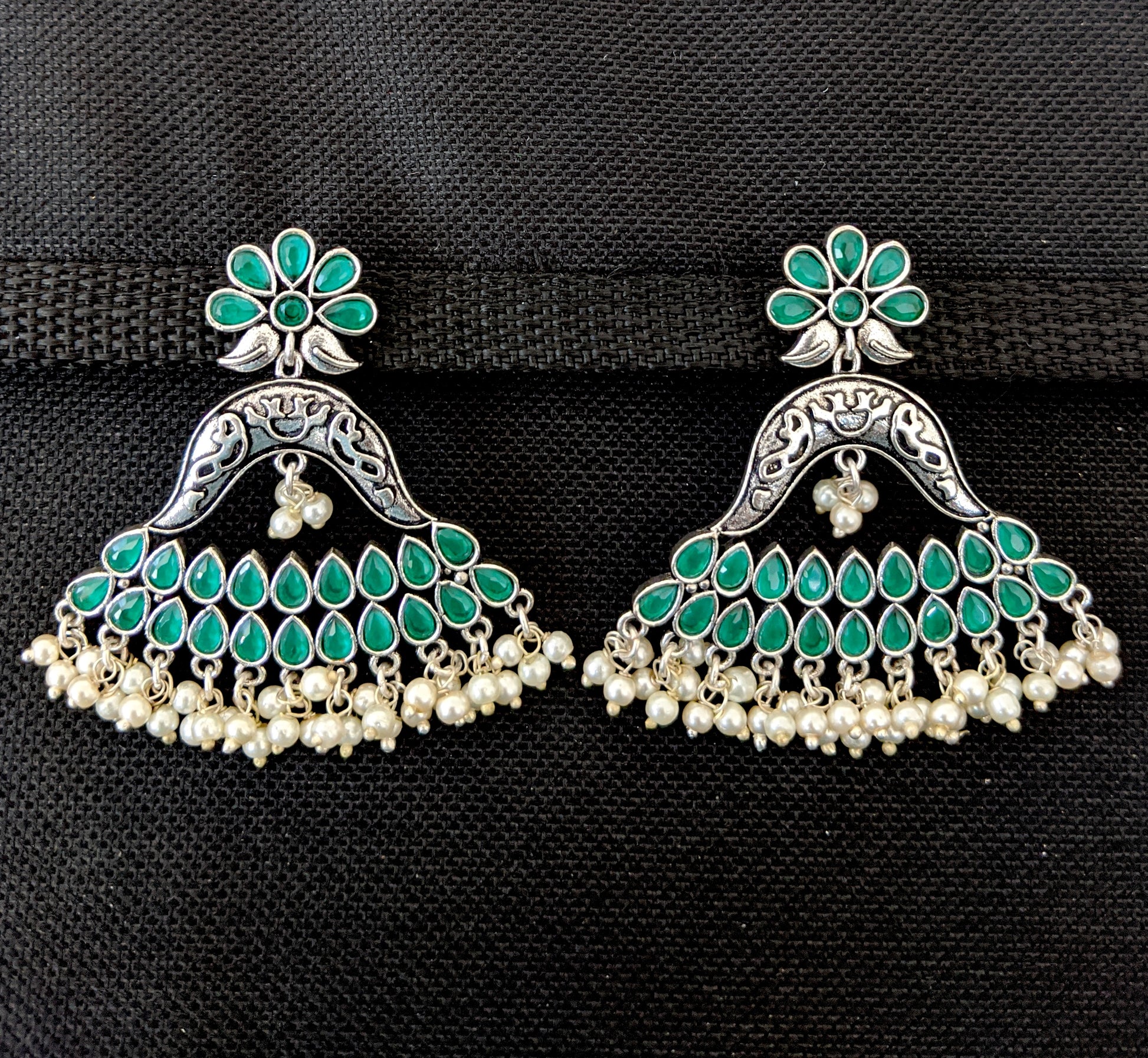 Pearl cluster bead hanging polki stone design silver oxidized earring - Simpliful