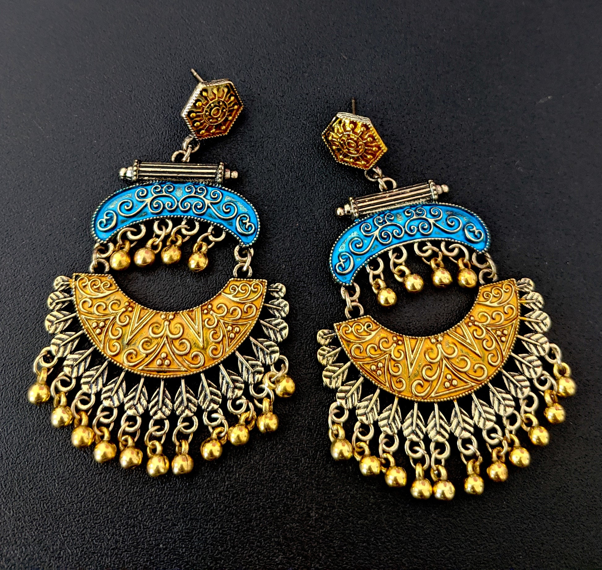 Hexagon stud with matte meenakari work light color gold bead hanging antique earring - Simpliful