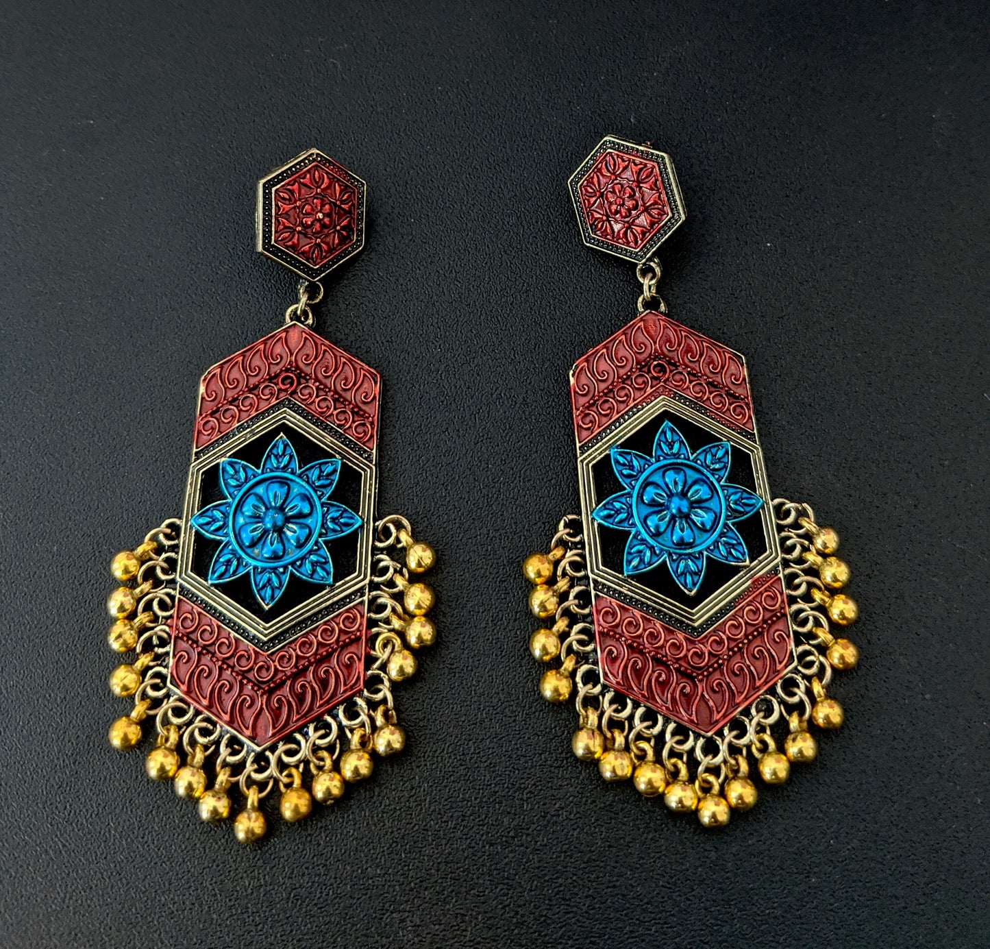 Hexagon stud with matte meenakari work gold bead hanging long antique earring - Simpliful
