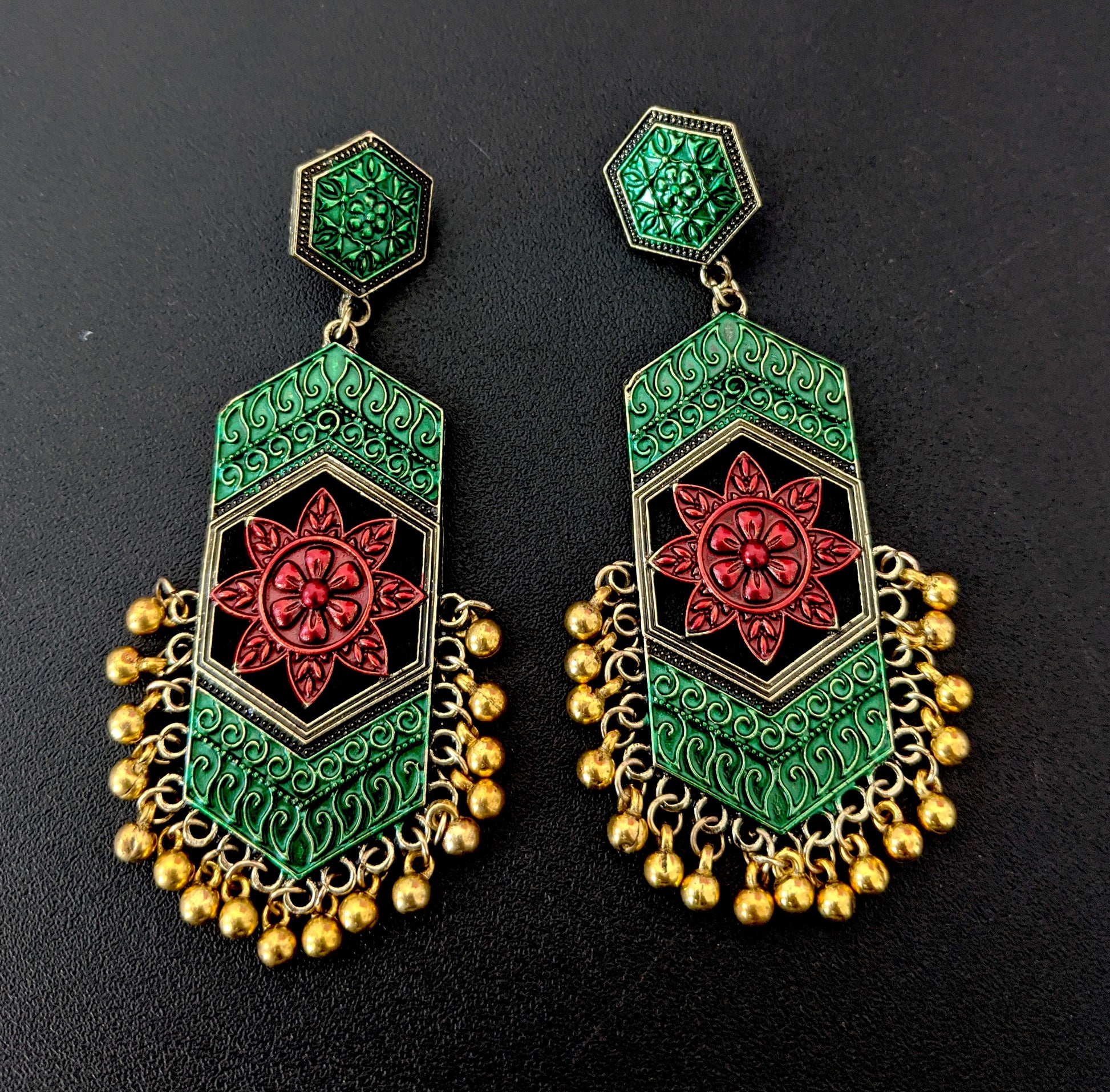 Hexagon stud with matte meenakari work gold bead hanging long antique earring - Simpliful