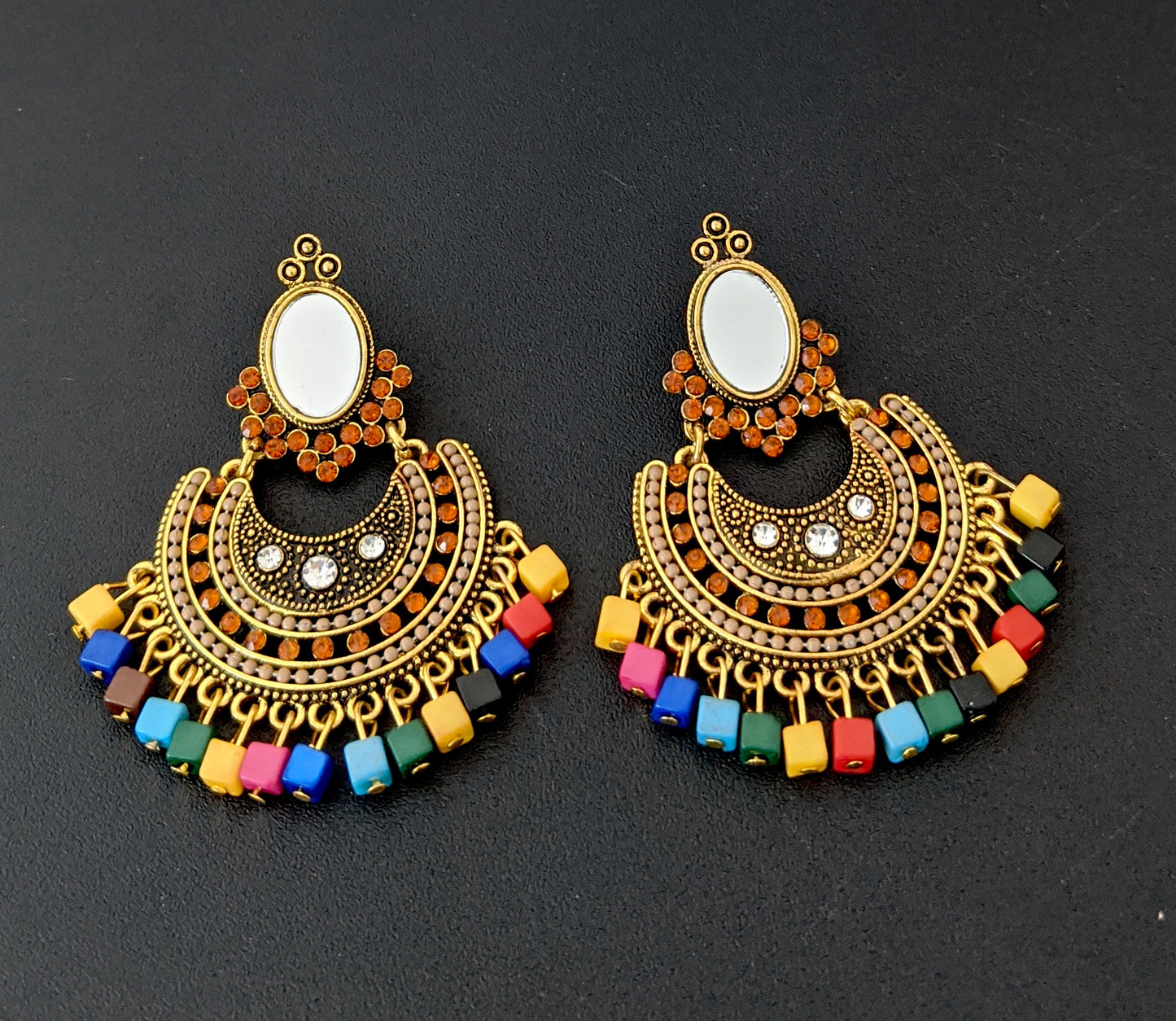 Mirror stud Antique gold multicolor bead hanging Chandbali earrings - Simpliful
