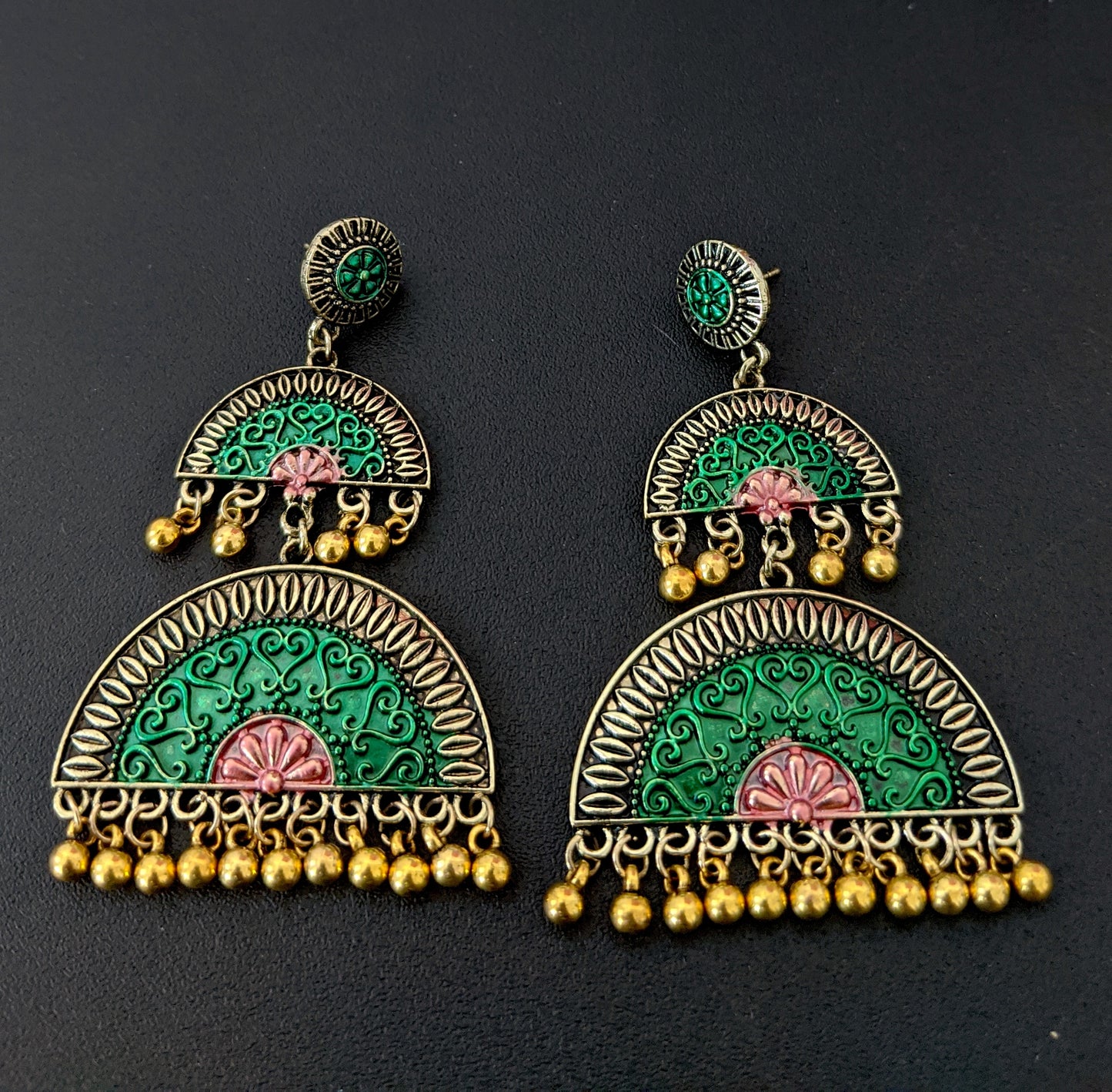 Round stud with matte meenakari work gold bead hanging double semi circle linked antique earring - Simpliful