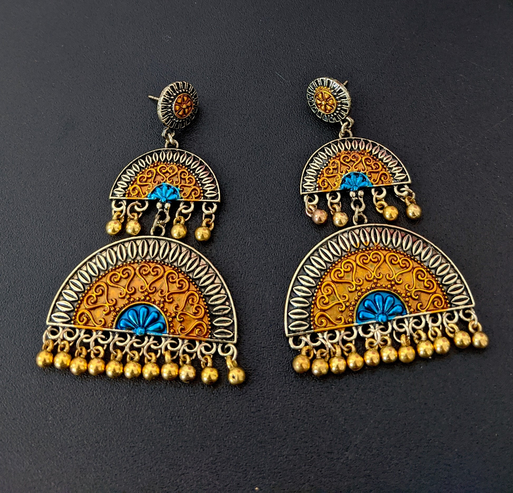 Round stud with matte meenakari work gold bead hanging double semi circle linked antique earring - Simpliful