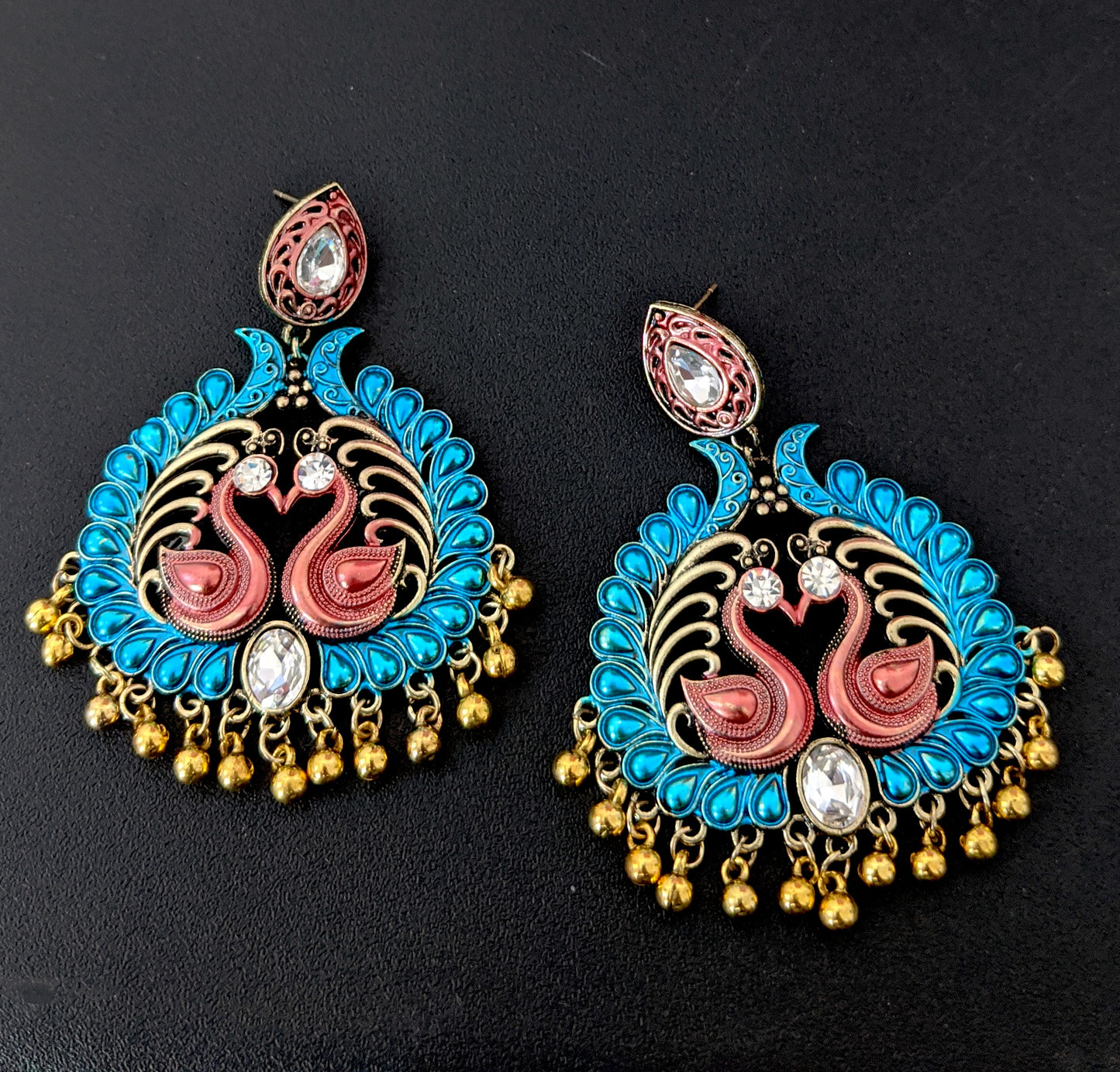 Tear drop stud with matte meenakari work gold bead hanging dual peacock antique earring - Simpliful