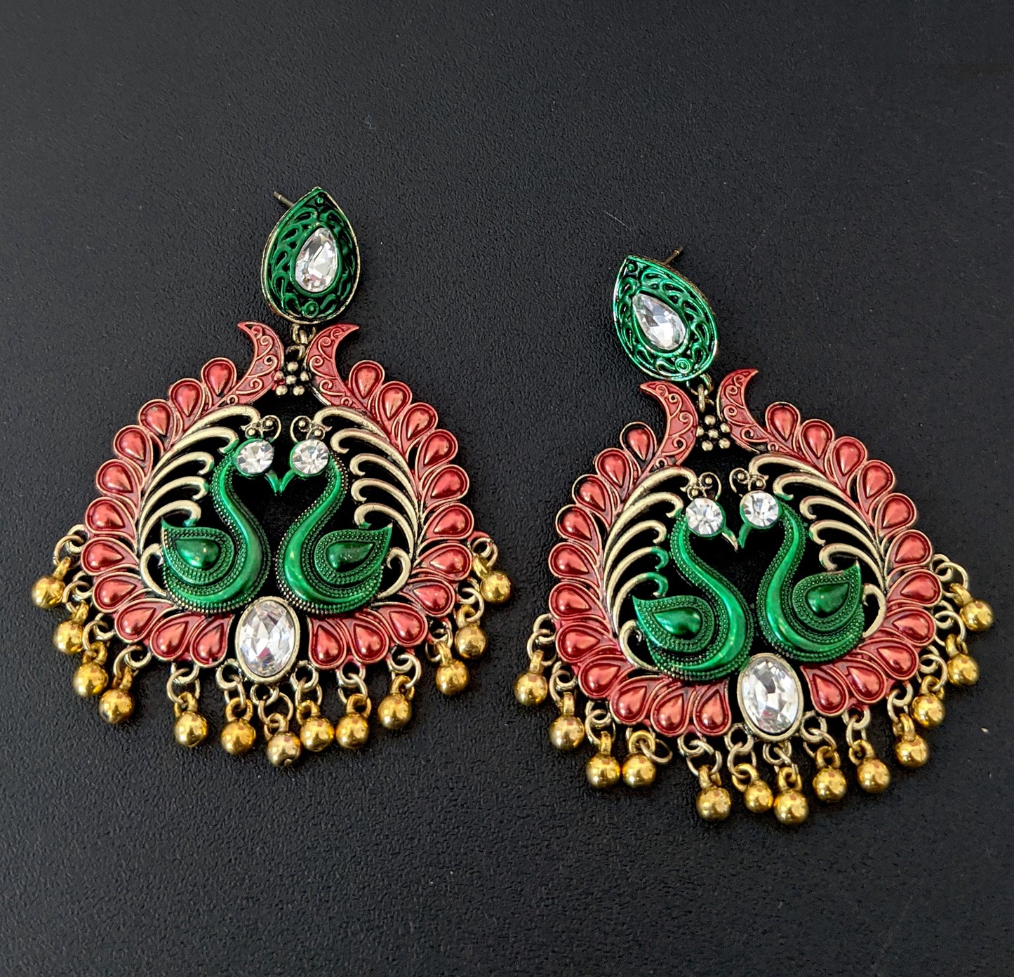 Tear drop stud with matte meenakari work gold bead hanging dual peacock antique earring - Simpliful