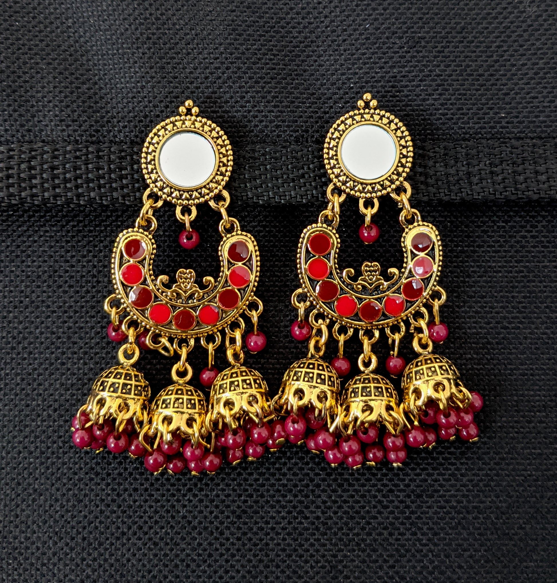 Mirror stud Antique gold finish enamel work triple jhumka earring - Simpliful