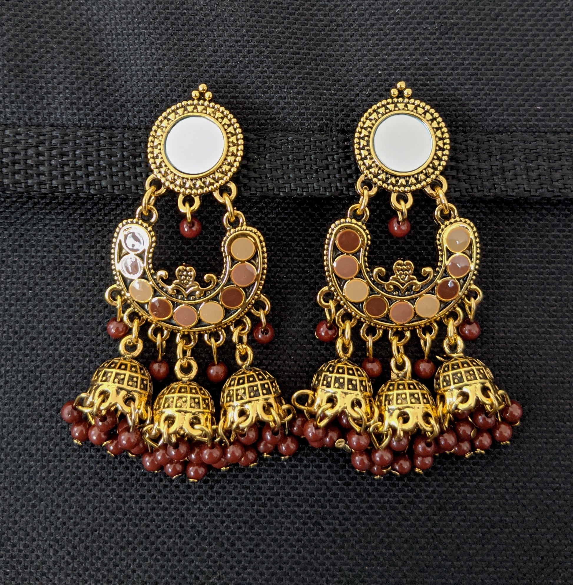 Mirror stud Antique gold finish enamel work triple jhumka earring - Simpliful