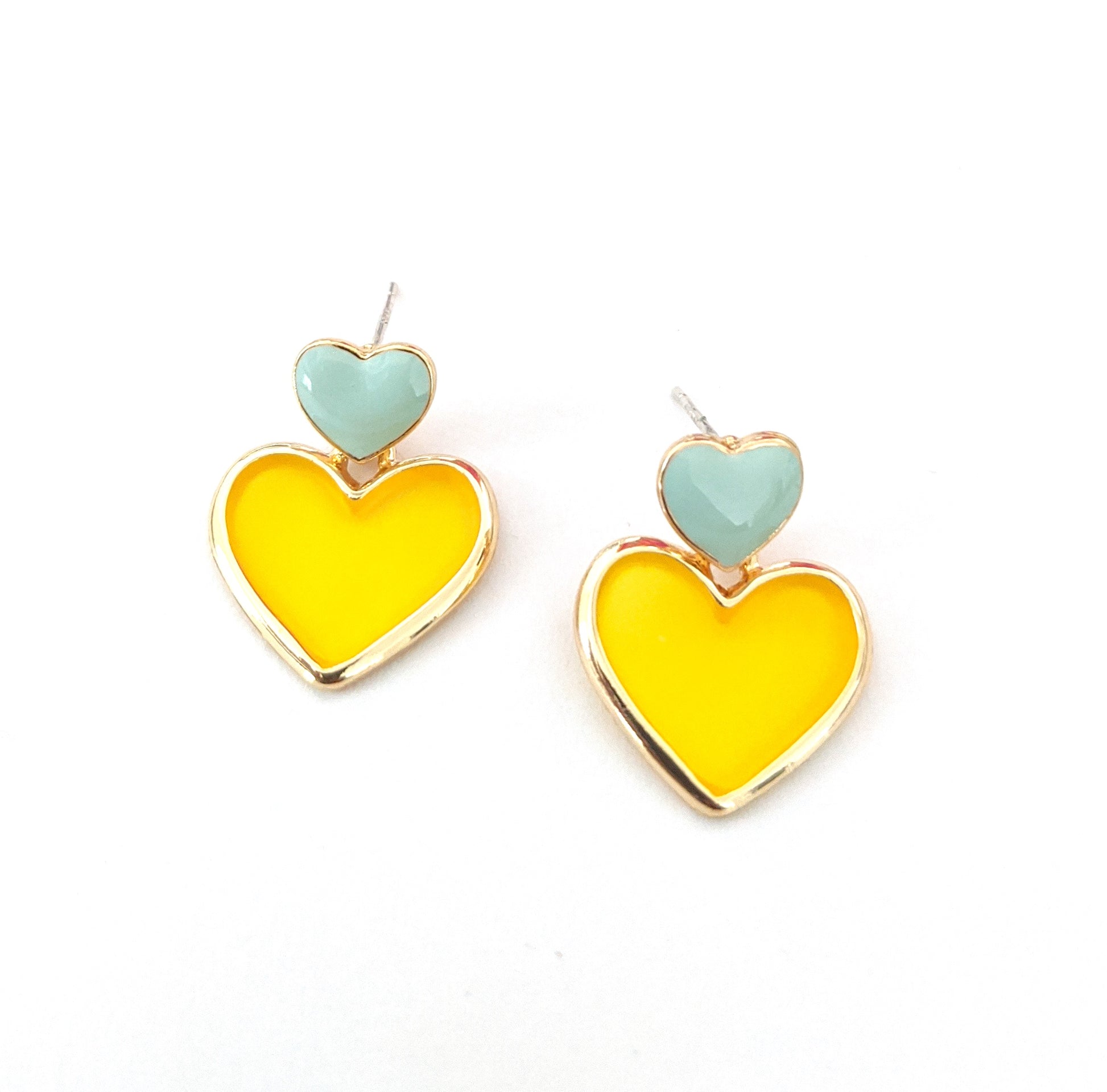 Heart design enamel work stud with transparent resin sheet filled dangle earring - Simpliful