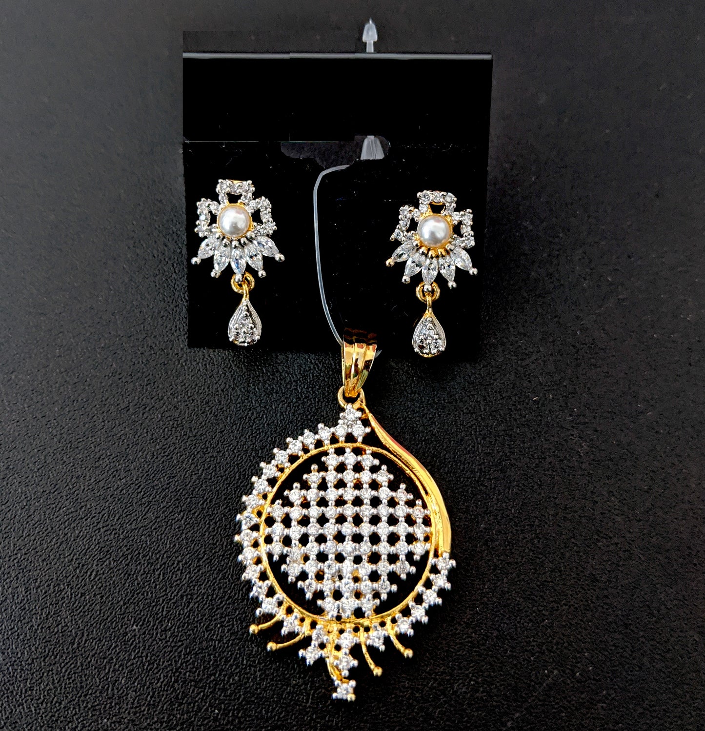 One gram gold plated white Cz stone Pendant and Stud Earring Set