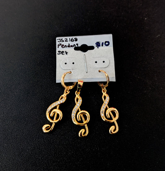 Musical note gold plated pendant and earring set
