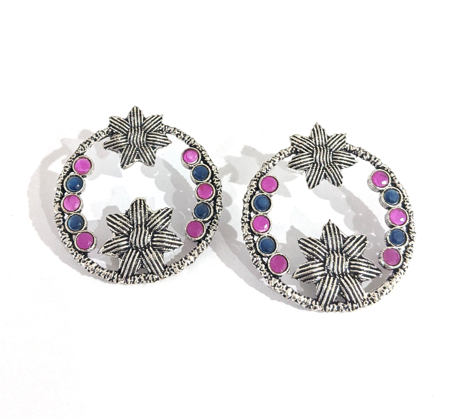 Double flower design oxidized silver CZ stone Large Stud Earrings