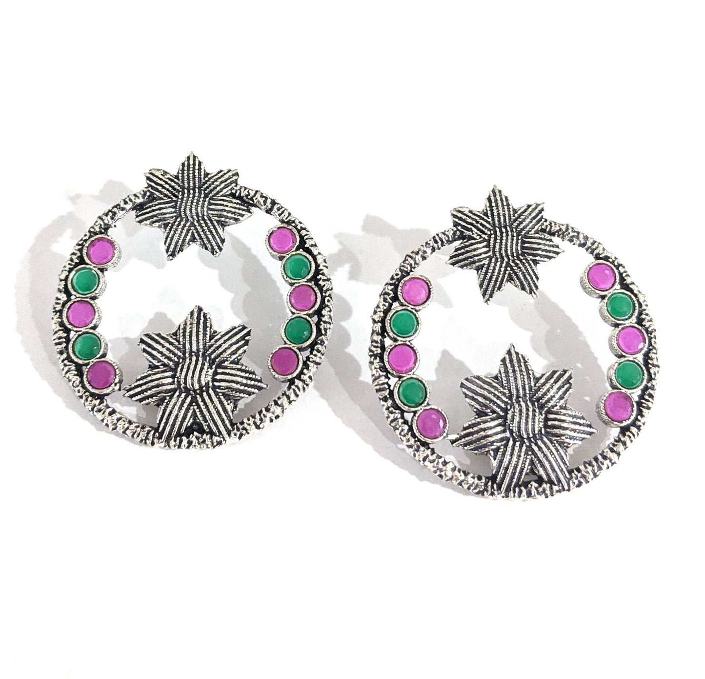 Double flower design oxidized silver CZ stone Large Stud Earrings