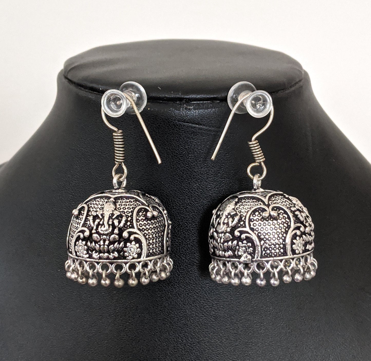 Oxidized silver large hook drop jhumka earrings