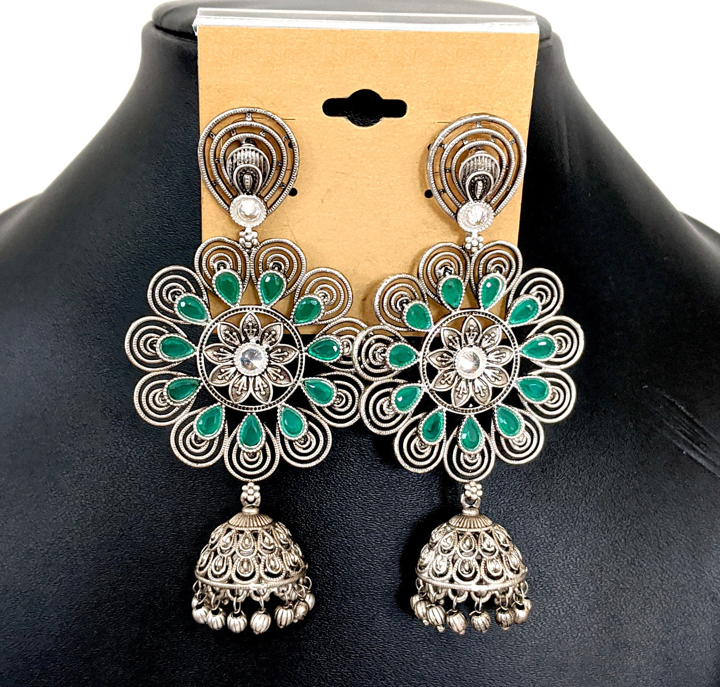 Green CZ silver matte jhumka earrings