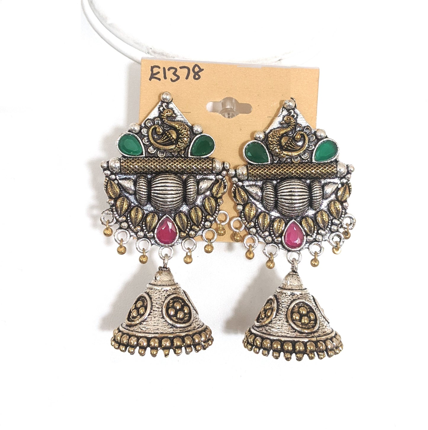 2 tone peacock design with cone jhumka earring