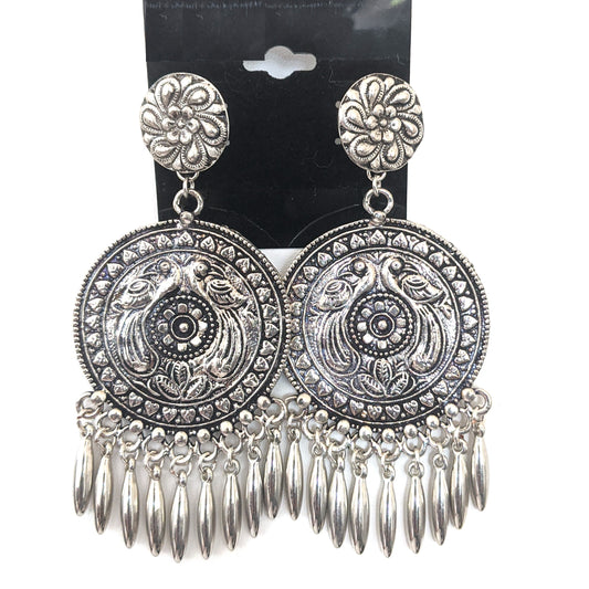 Dual peacock design XL size round chandelier spike bead silver earring