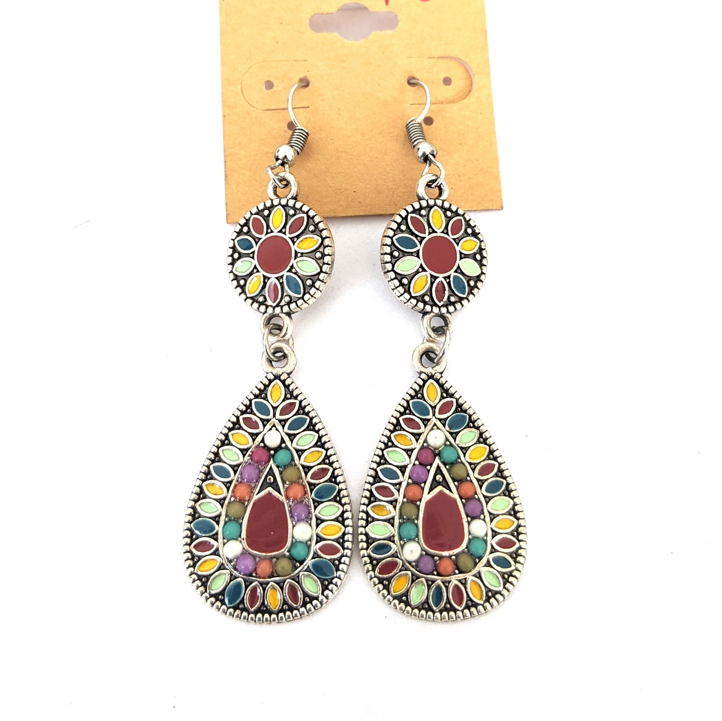 Enamel work with colorful bead silver hook drop earring