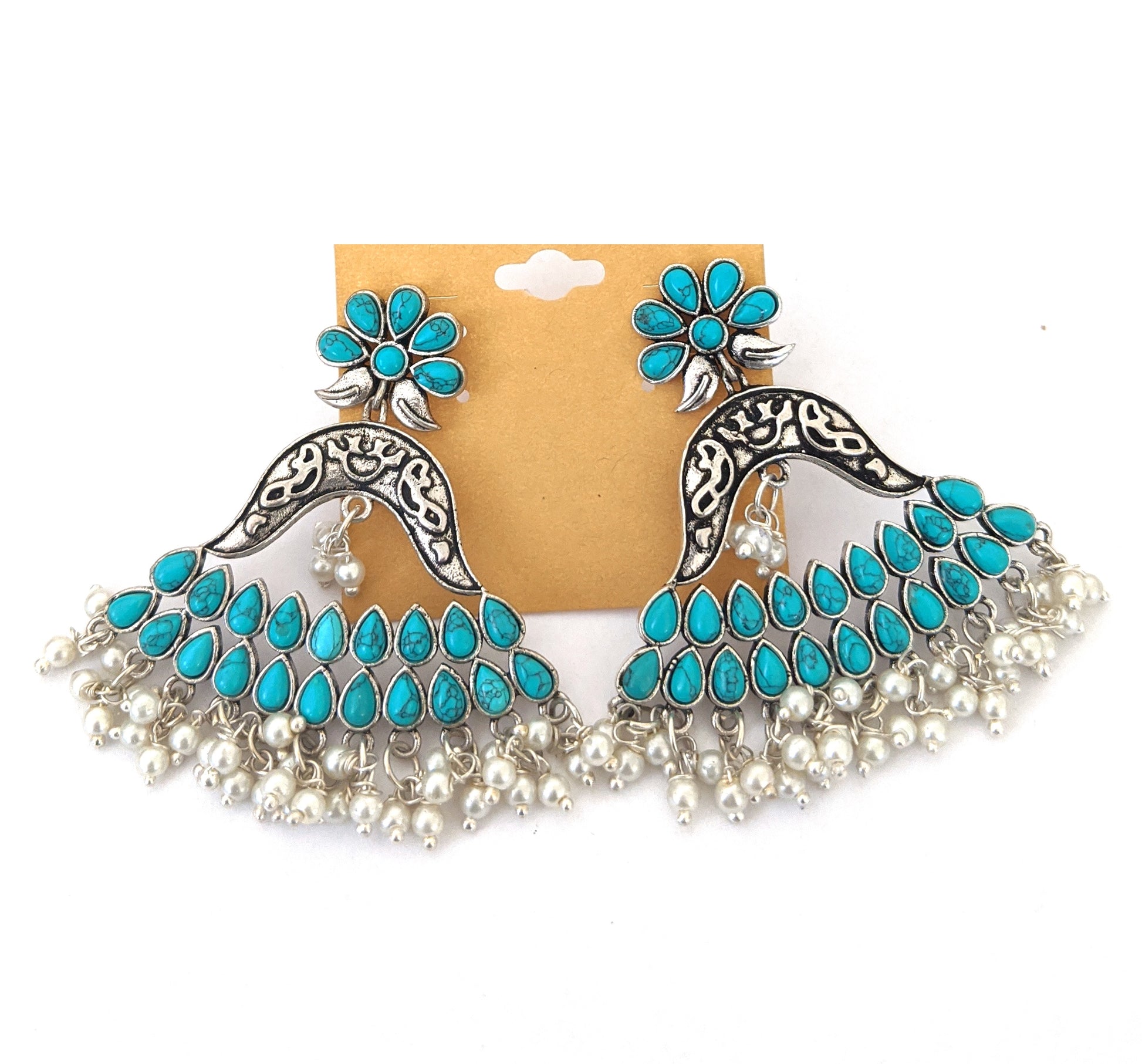 Pearl cluster bead hanging polki stone design silver oxidized earring - Simpliful