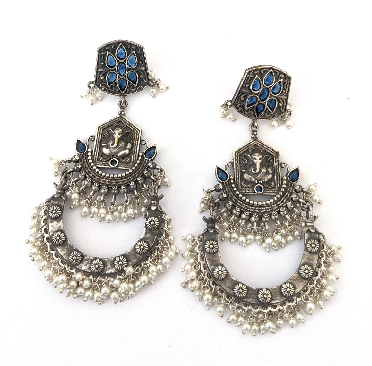 German silver Ganesh ji Chandbali Pearl cluster CZ earrings