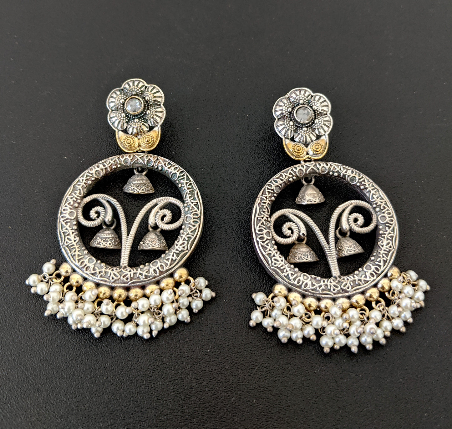 Pearl cluster bead hanging German Silver Chandbali Earrings