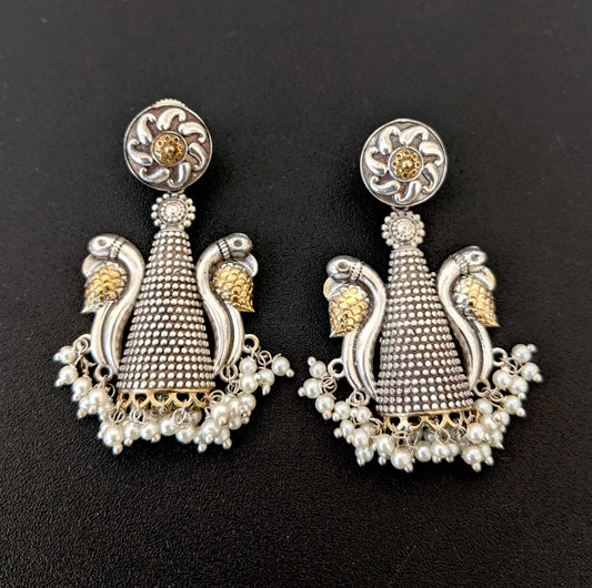 Pearl cluster bead hanging 2 tone German Silver Peacock Earring