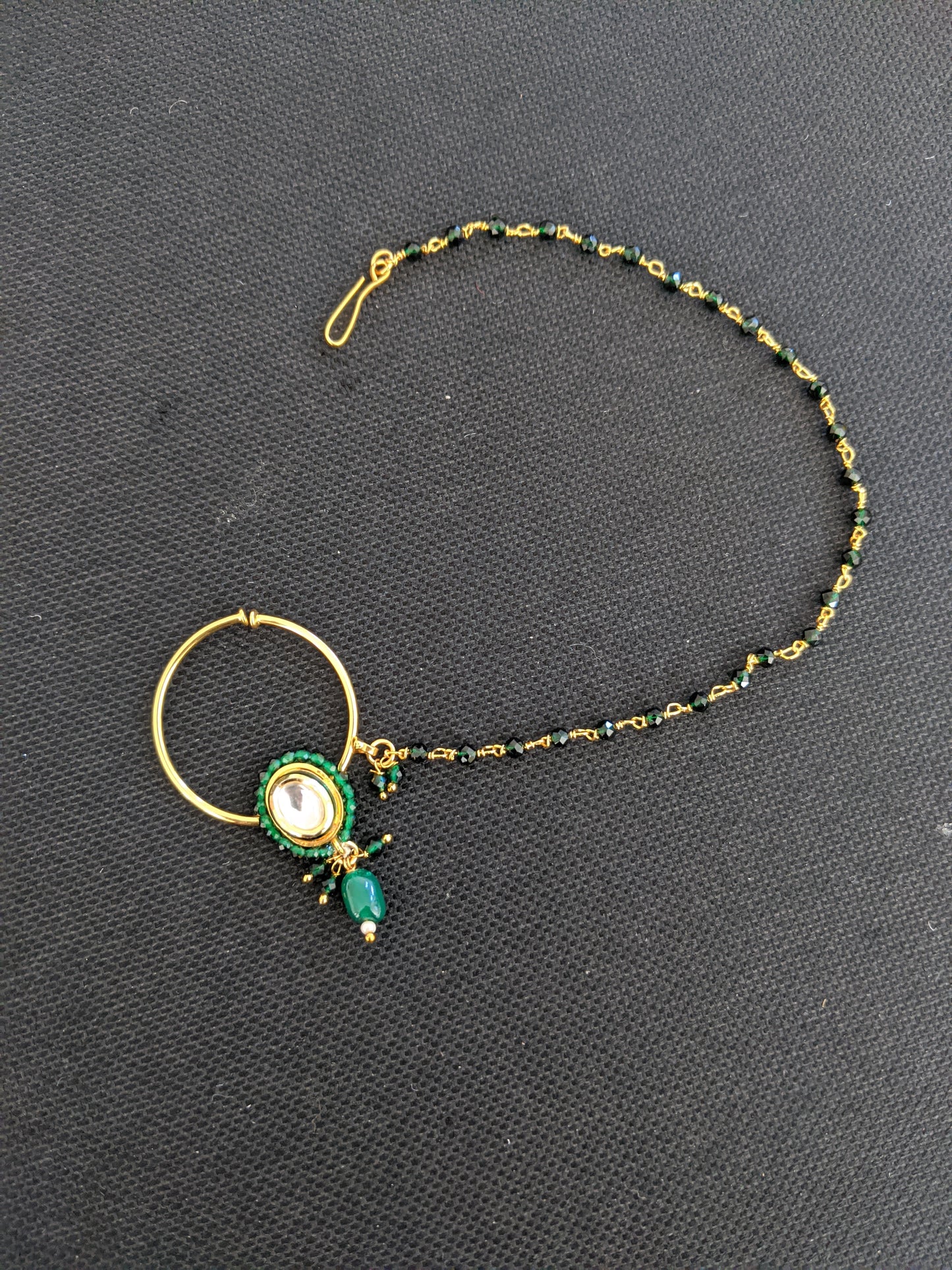 Traditional kundan stone clip on nose ring with bead chain