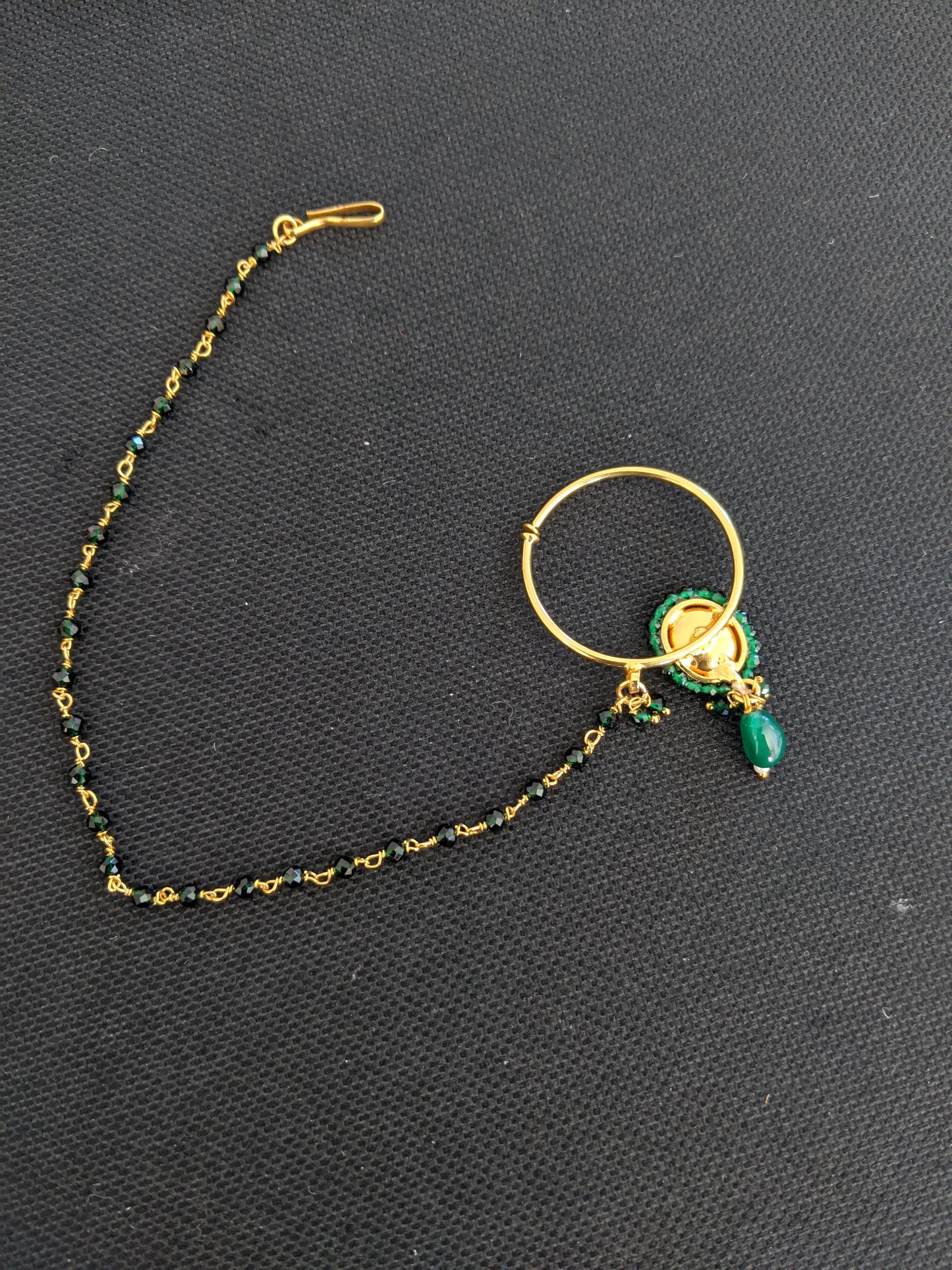 Traditional kundan stone clip on nose ring with bead chain