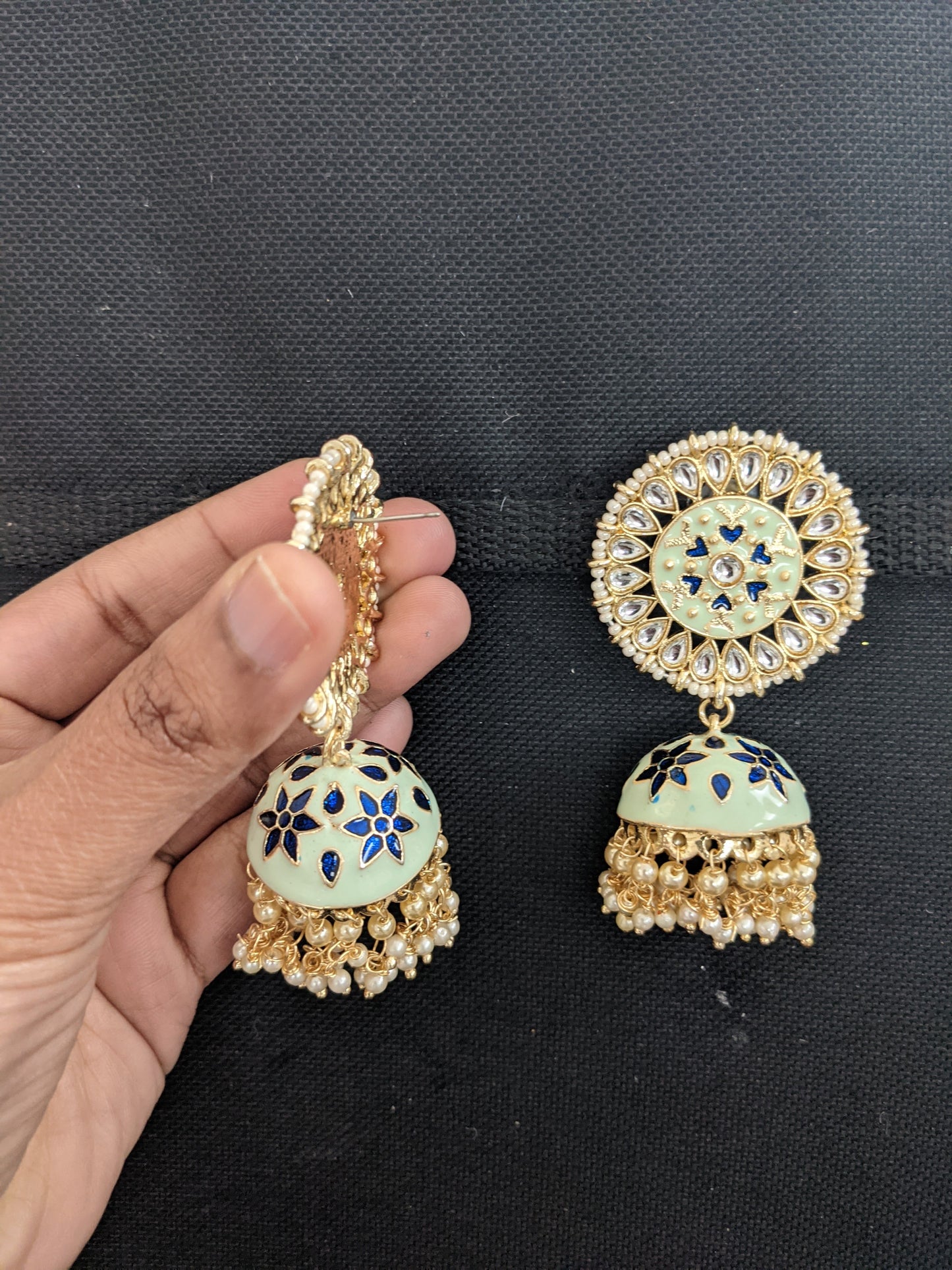 Large Kundan Stud Jhumka / Indian Earrings / Enamel Jhumki Earrings