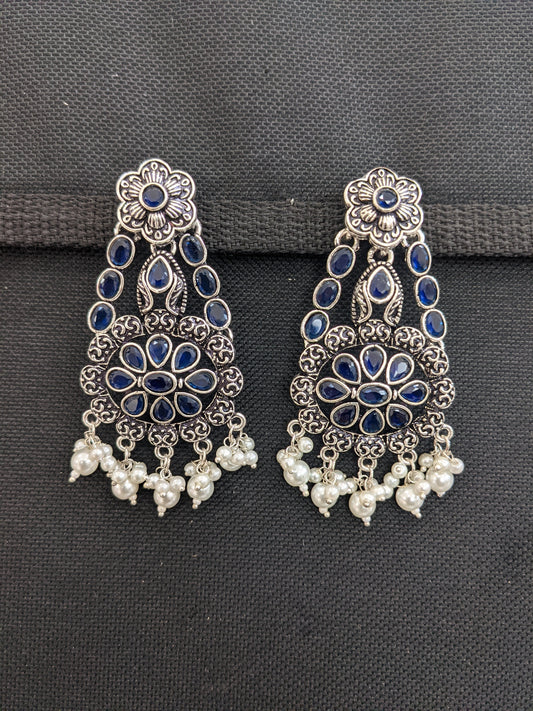 Oxidized silver Blue CZ stone Designer Long Earrings