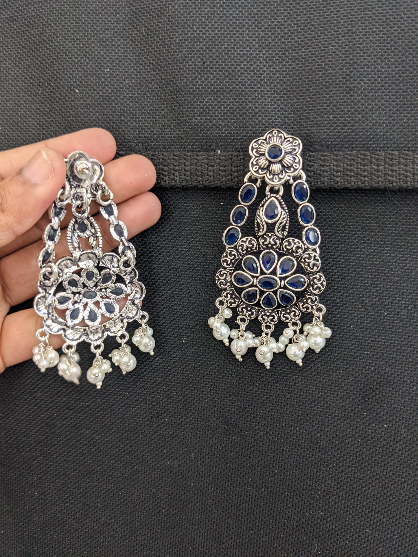 Oxidized silver Blue CZ stone Designer Long Earrings