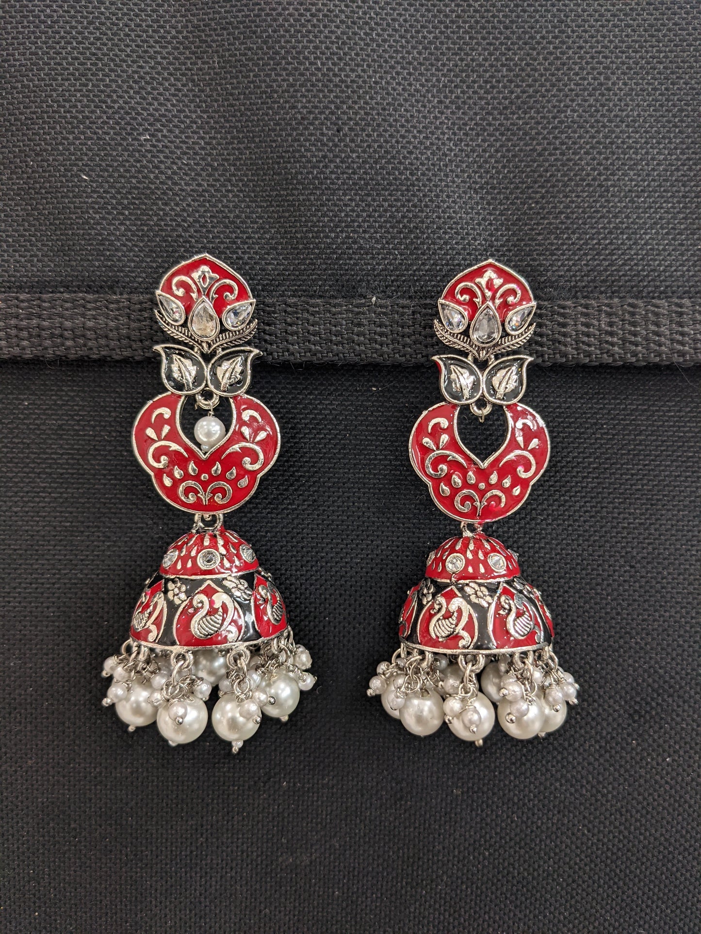 Enamel work Oxidized Silver Peacock Jhumka Earrings