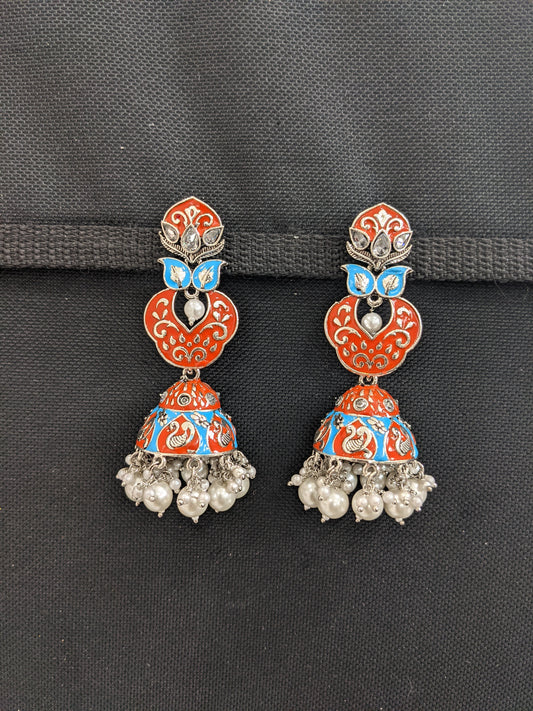 Enamel work Oxidized Silver Peacock Jhumka Earrings