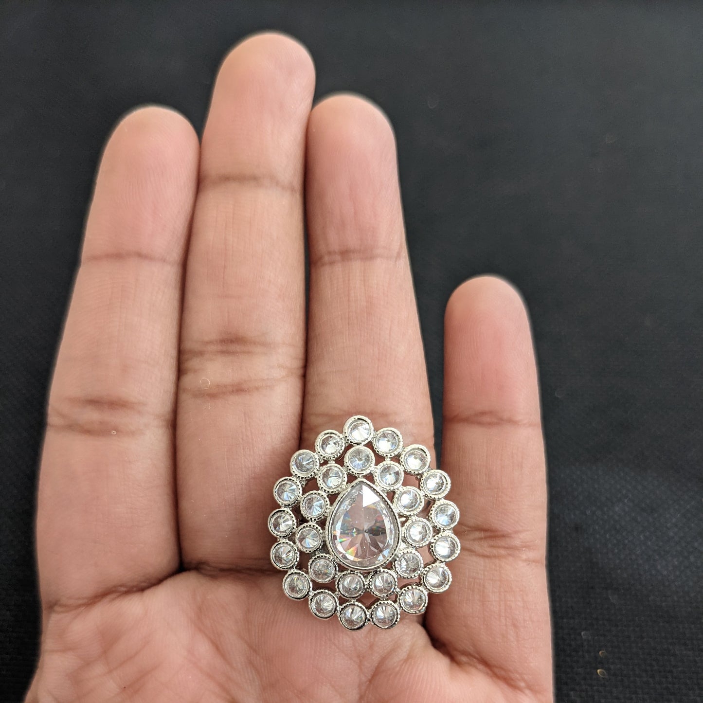 Shiny polki stone Silver Rhodium polished Teardrop adjustable Finger rings